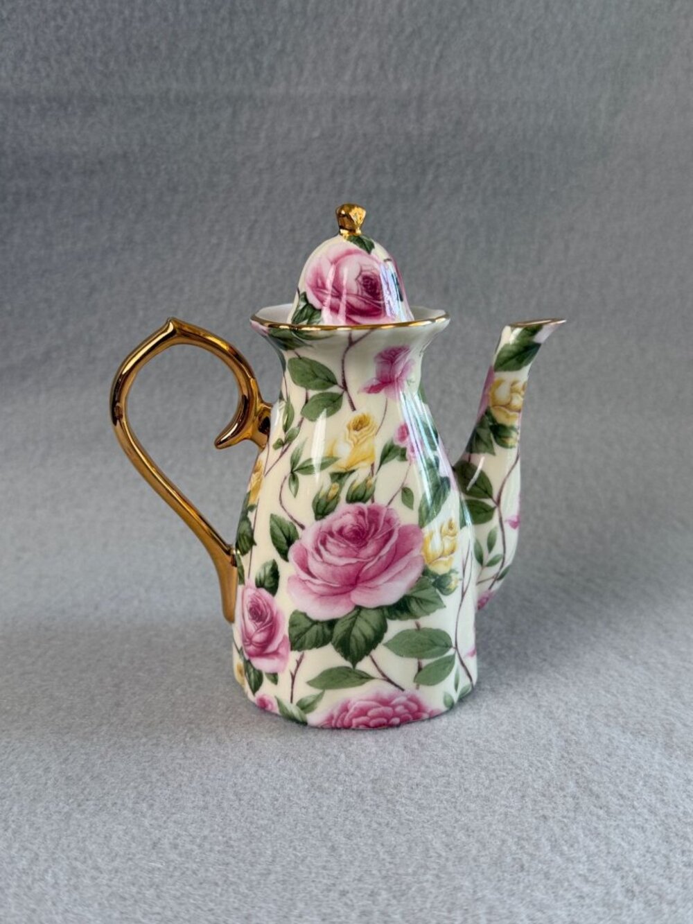 Vintage Floral Porcelain Mini Teapot With Gold Accents Pink & Yellow Rose Patter